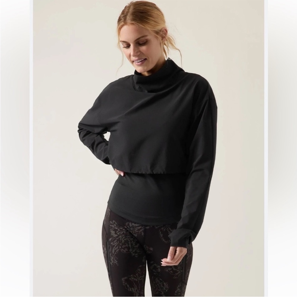 Athleta Whistler Hybrid Top Sz L Mock Neck Layered Long Sleeve Performance Black